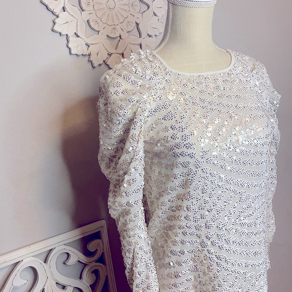 EXPRESS IVORY White SEQUIN PUFF RUCHED Long SLEEVE BLOUSE TOP Shirt XSMALL - Picture 11 of 13